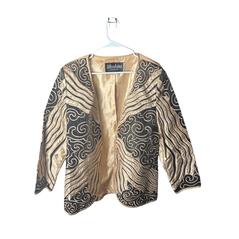 Moshita Couture Open‎ Front Jacket Womens 16 Gold Black Embroidery Elegant Chic